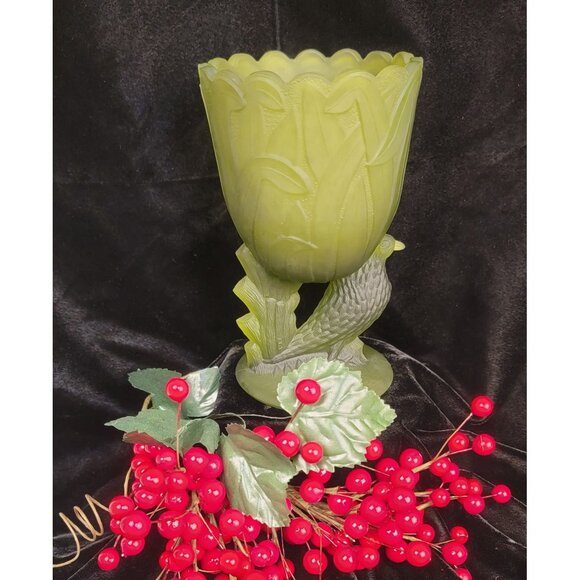 Vintage Green Satin Glass Vase "Dove and Brushes" Pattern by Guernsey Glass Comp - Picture 9 of 15